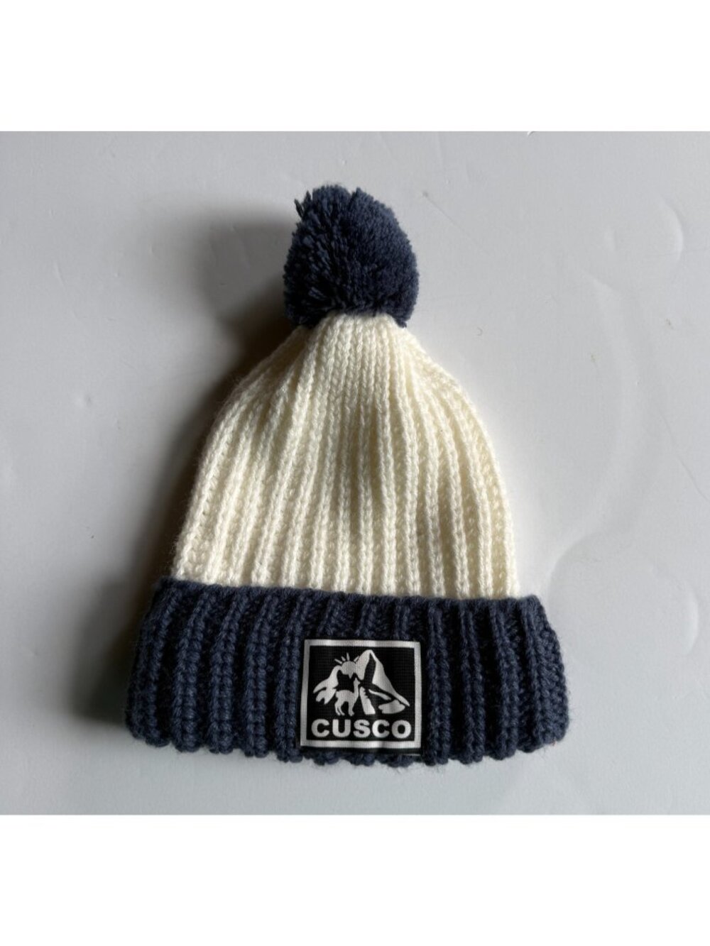 CUSCO Peru Pom Pom Knit Beanie Hat - Navy Blue & Cream Winter Cap